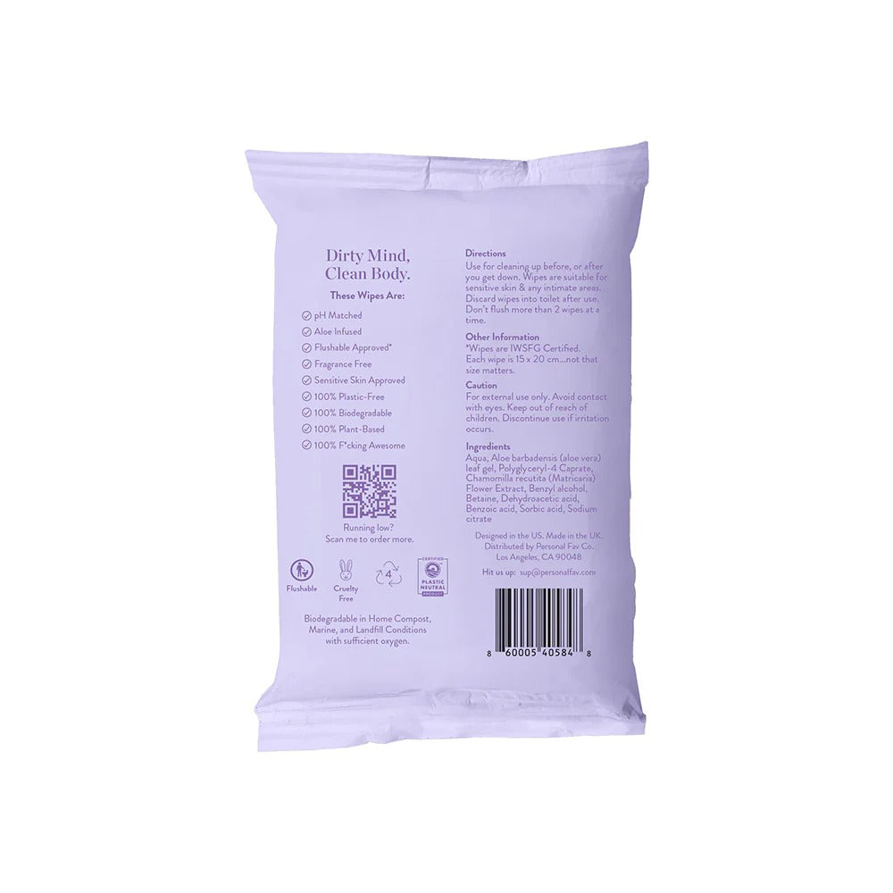 Lavender flushable intimate wipes pack back with barcode and usage info