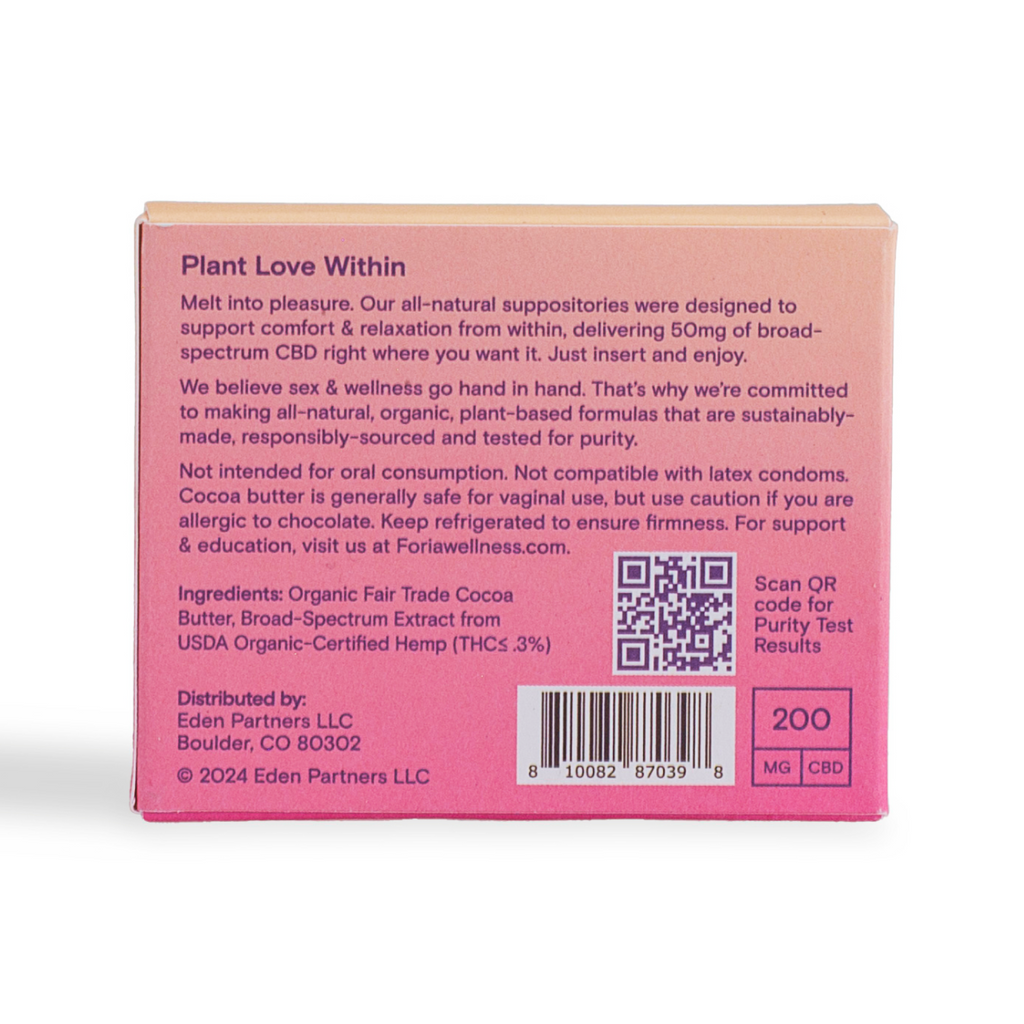 CBD melt box back panel with ingredients, QR code, and barcode