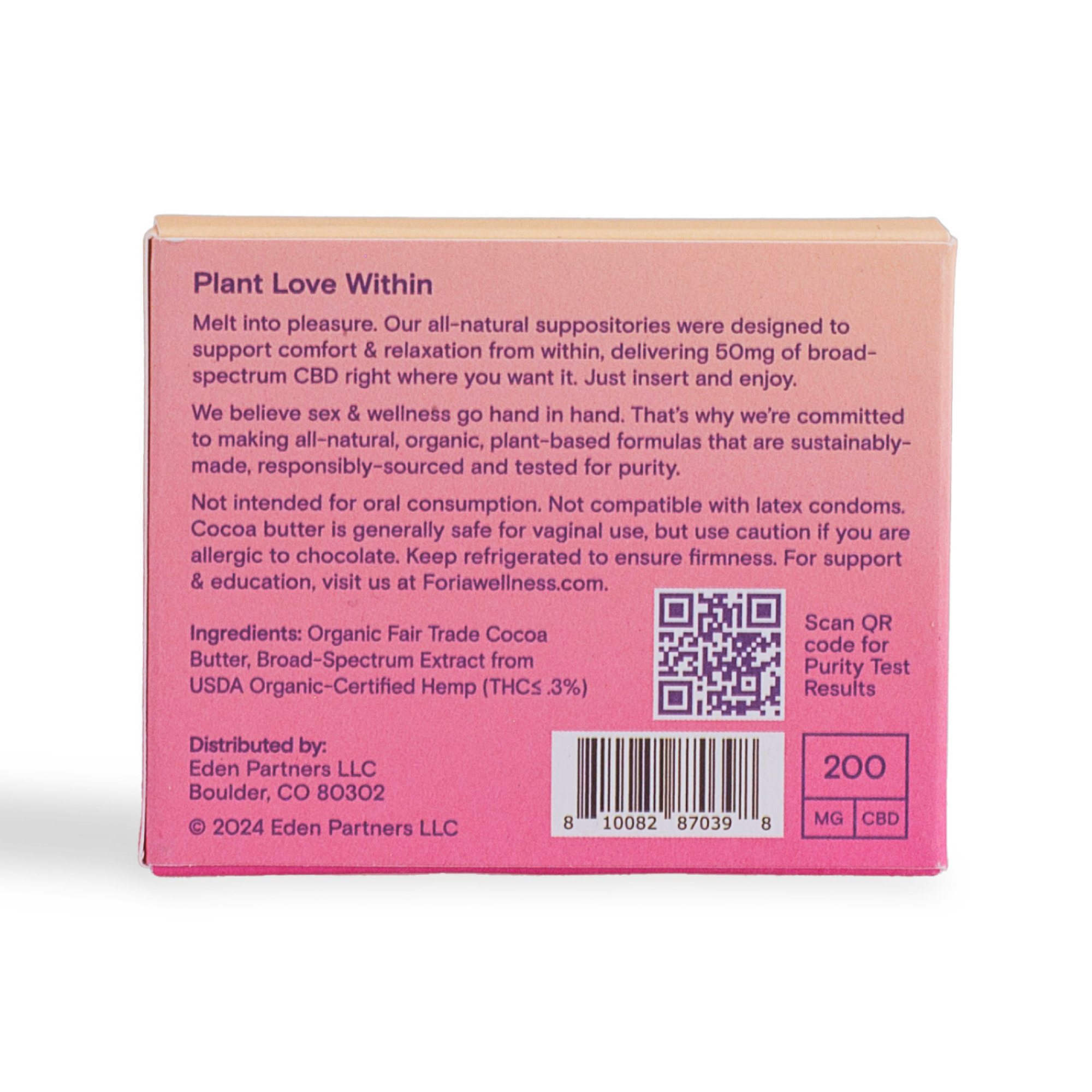 CBD melt box back panel with ingredients, QR code, and barcode