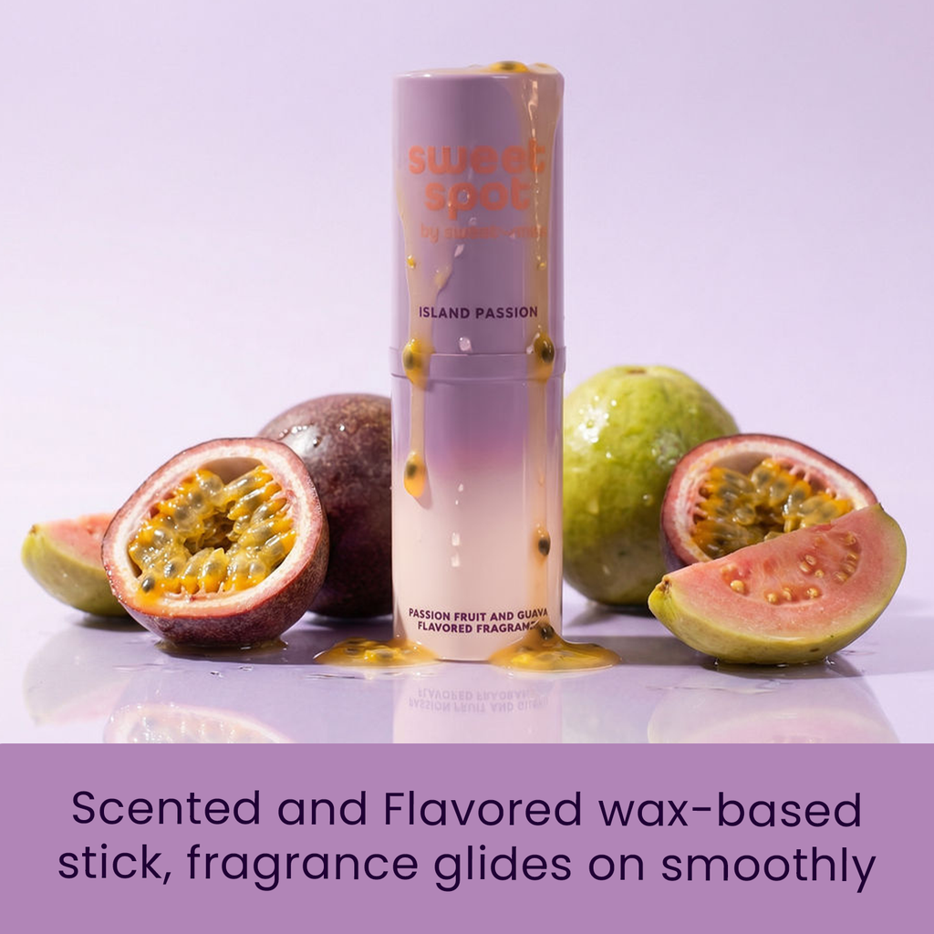 Lavender solid fragrance stick standing with passion fruit halves and guava pieces