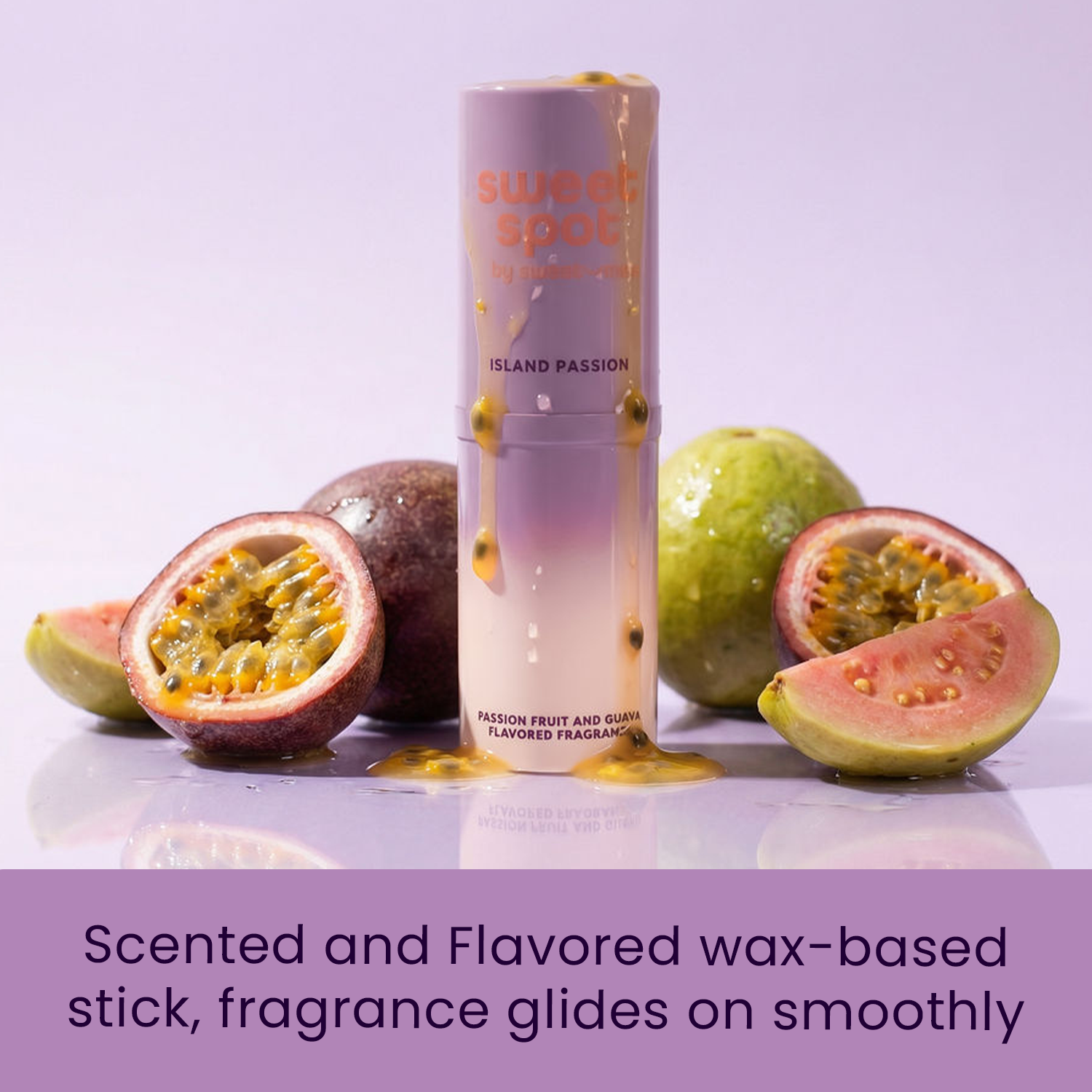 Lavender solid fragrance stick standing with passion fruit halves and guava pieces