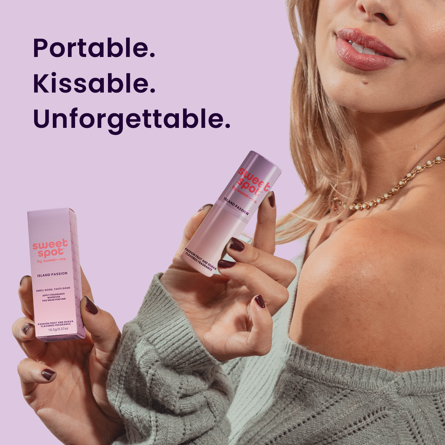 Woman holding a lavender solid fragrance stick and a small box package