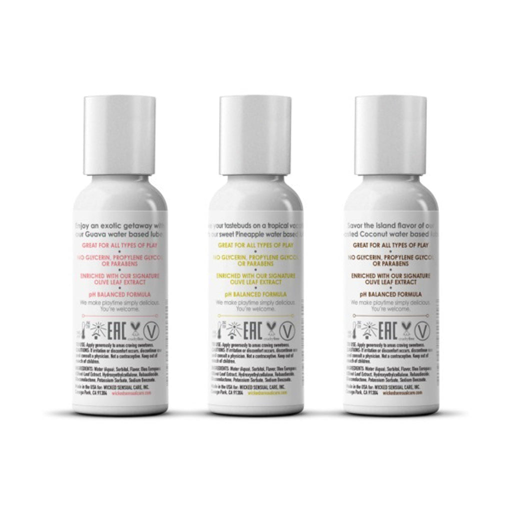 Tropical trio lube set: three bottles with back labels and ingredient text