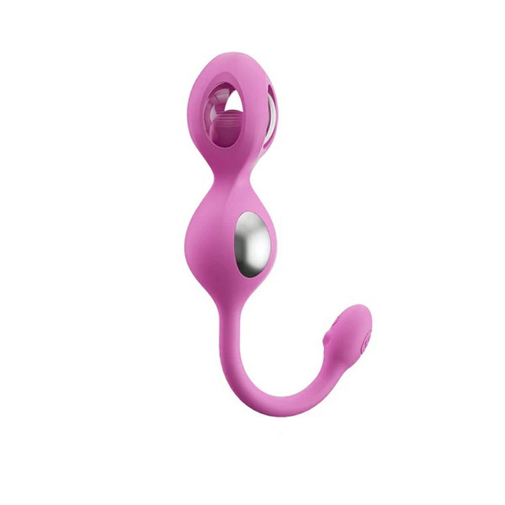 Pink U-shaped kegel trainer with oval insert and circular opening, curved handle
