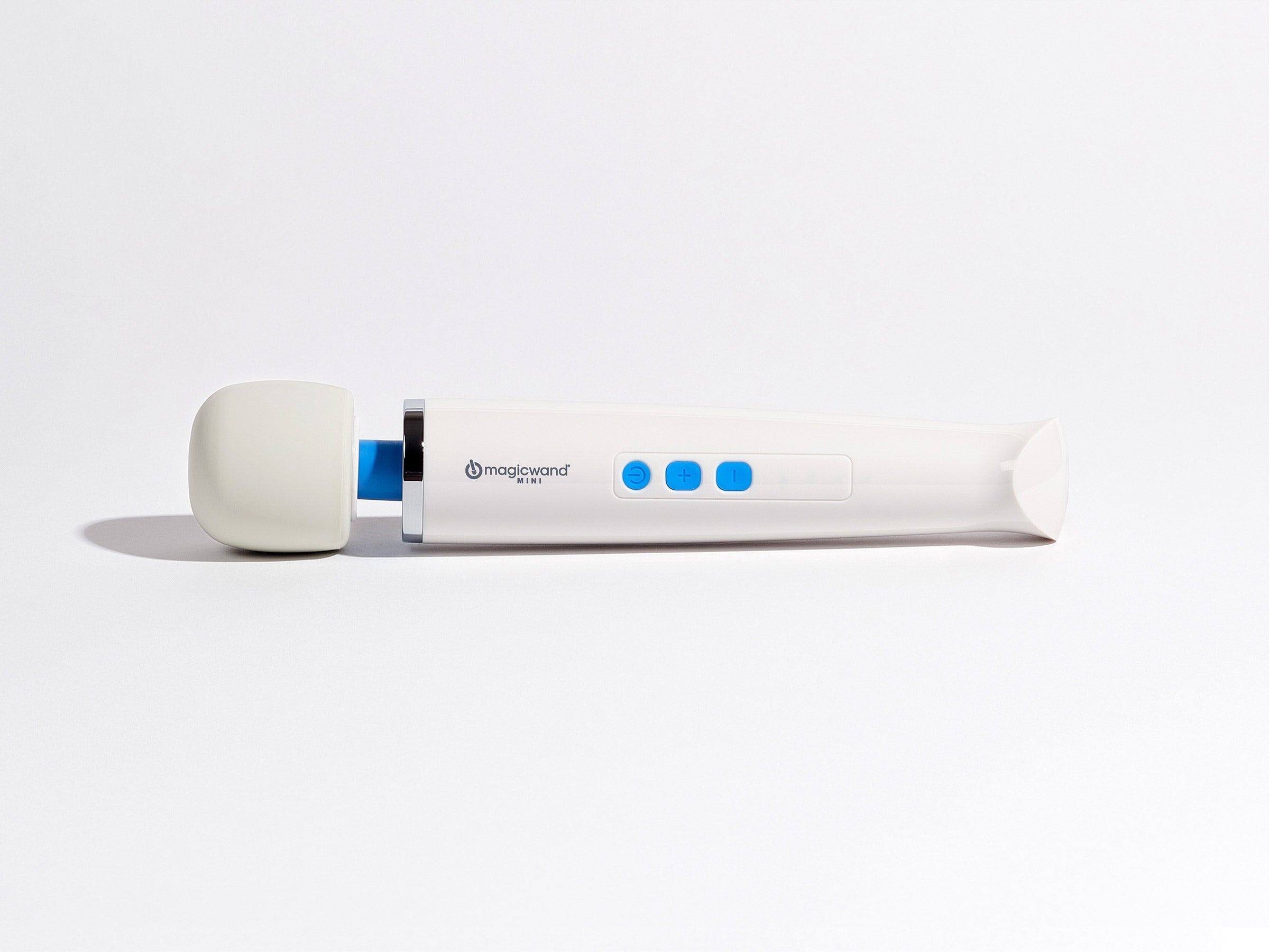 White magic wand, side view, round foam head and blue indicator light dots