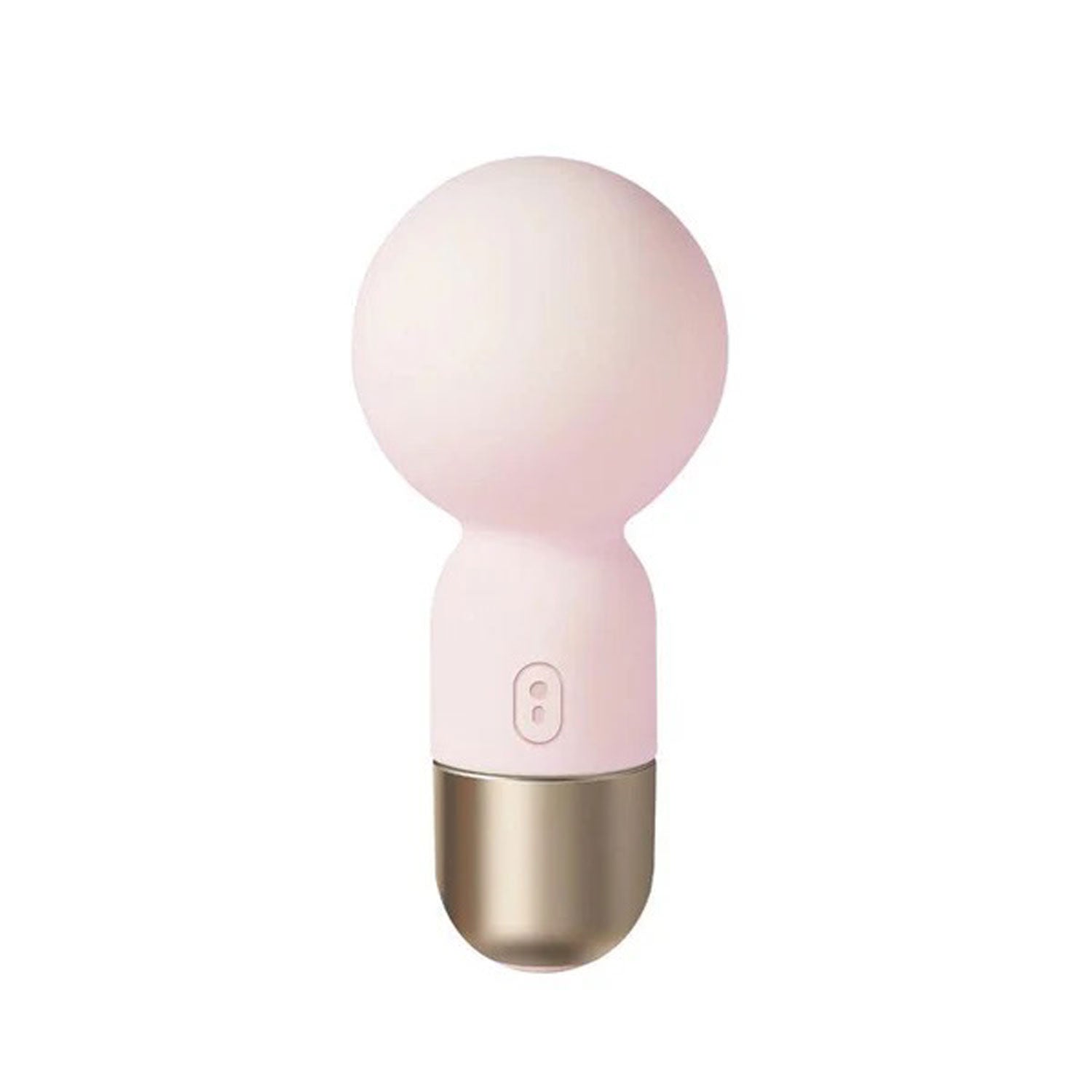 Mini wand massager with pink spherical head and gold base, button on handle