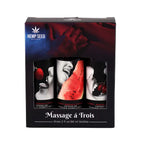 Three-piece edible massage lotion gift set with three illustrated bottles in a box