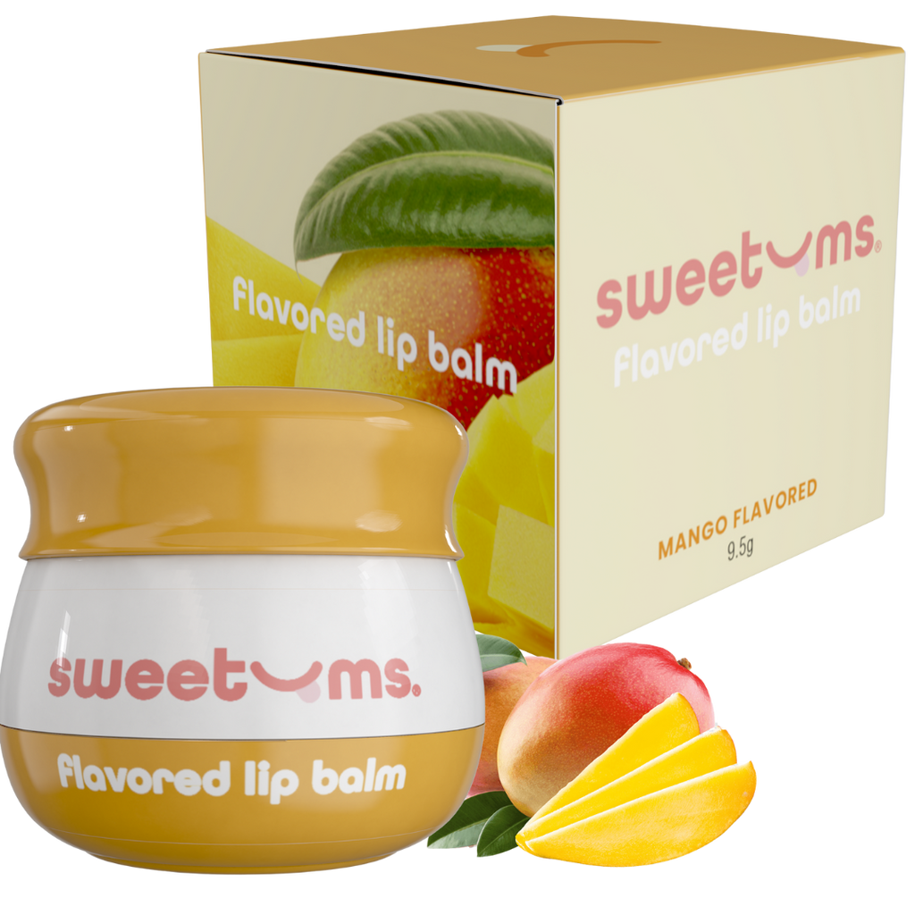 Sweetums mango flavored lip balm jar with orange-yellow lid and white body