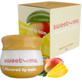 Sweetums mango flavored lip balm jar with orange-yellow lid and white body