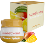 Sweetums mango flavored lip balm jar with orange-yellow lid and white body