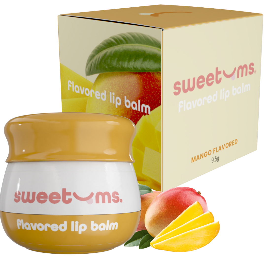 Sweetums mango flavored lip balm jar with orange-yellow lid and white body