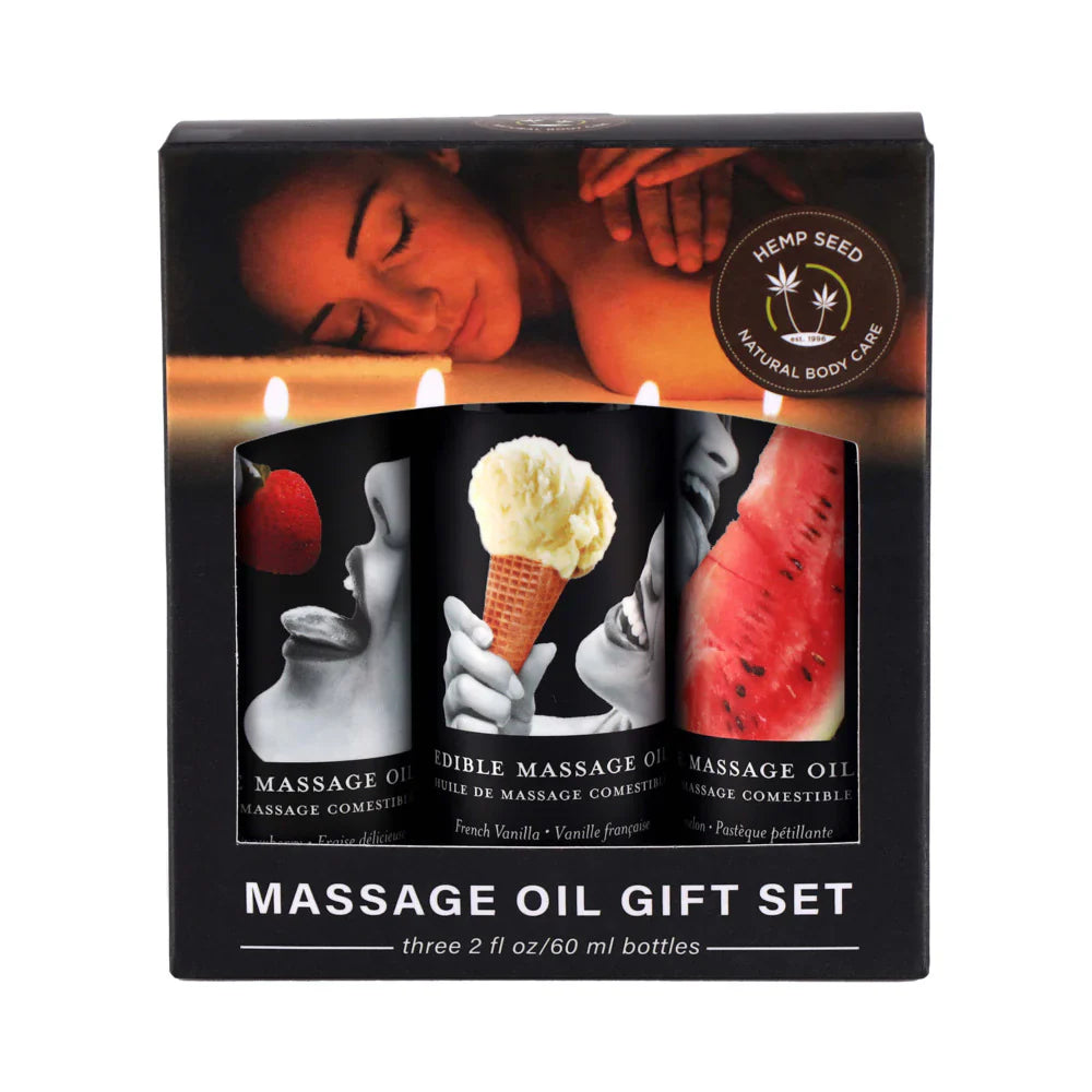 Edible massage oil gift set in black box with three 2 fl oz (60 ml) bottles