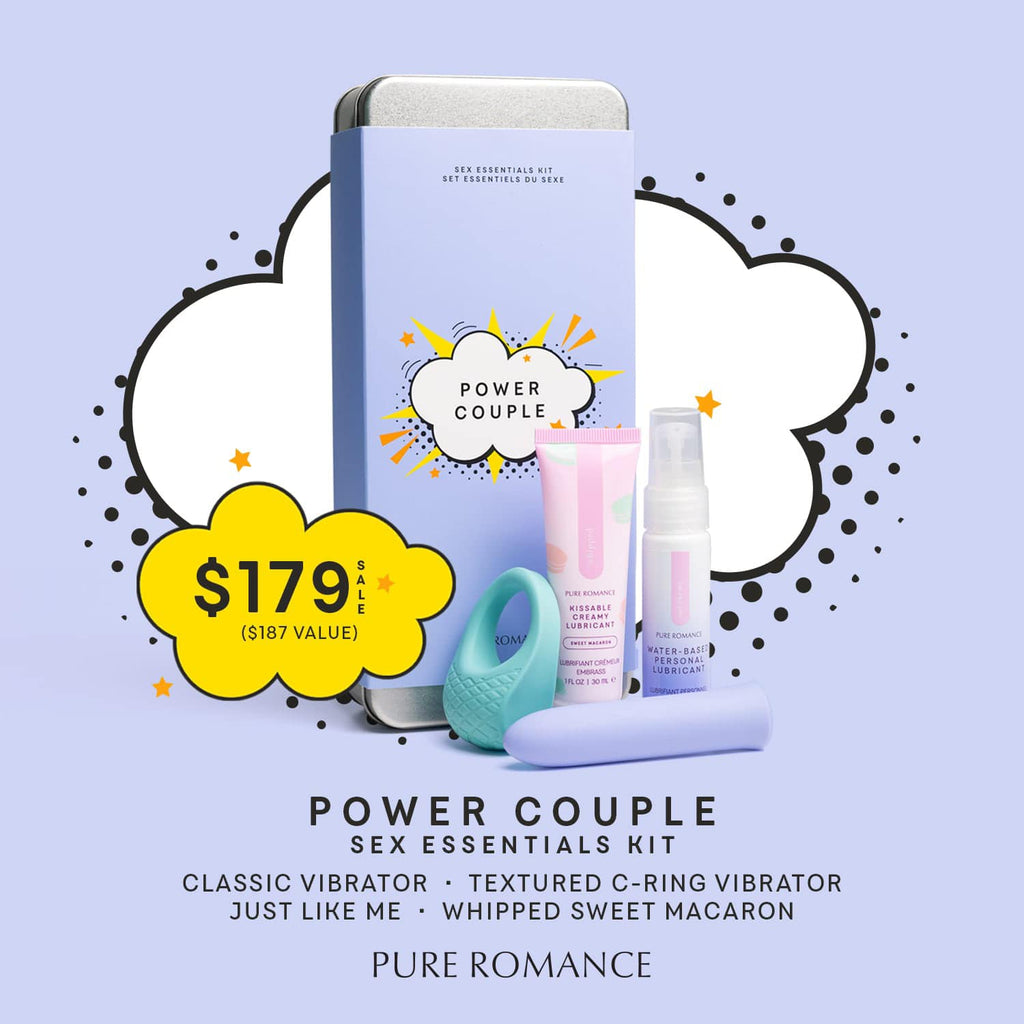 Sex essentials kit with blue box, teal C-ring vibrator, and three pink bottles