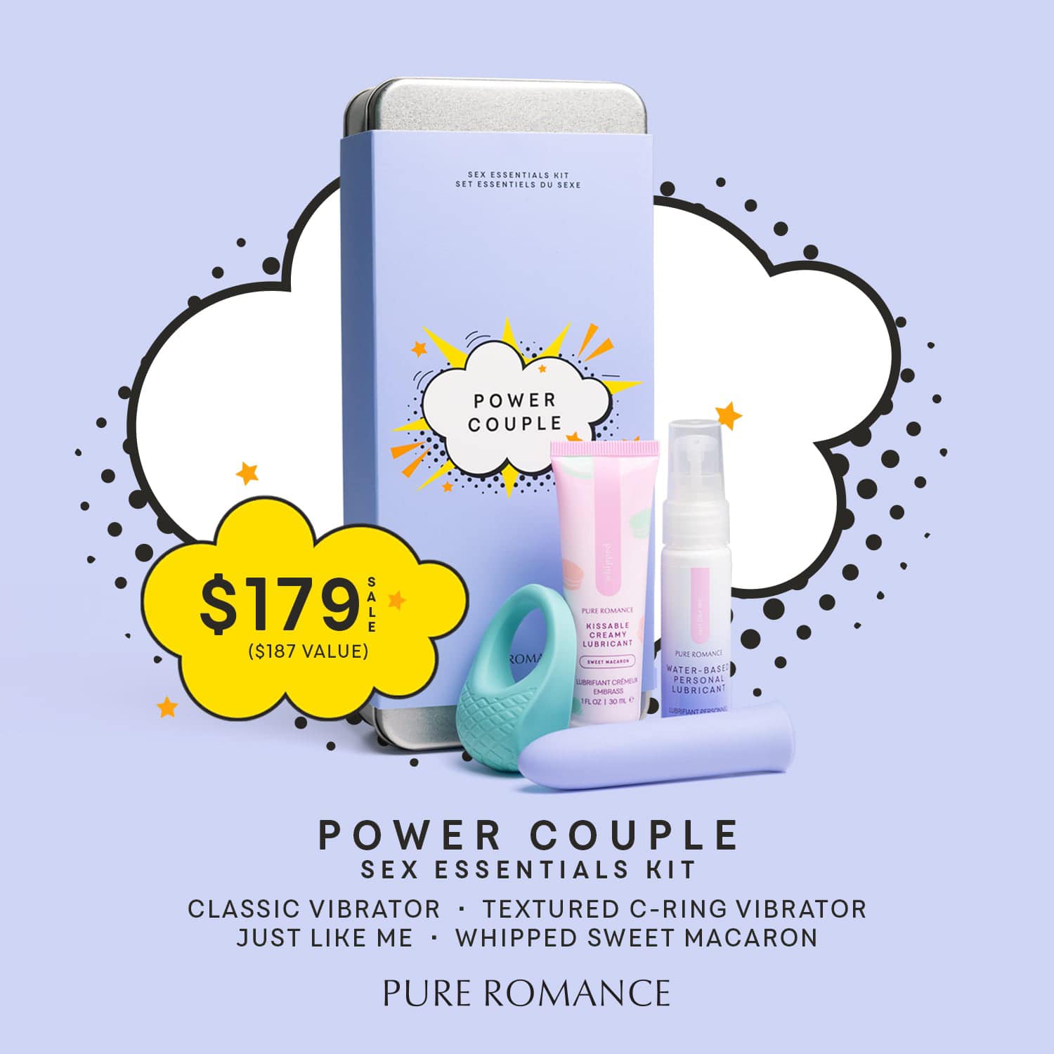 Sex essentials kit with blue box, teal C-ring vibrator, and three pink bottles
