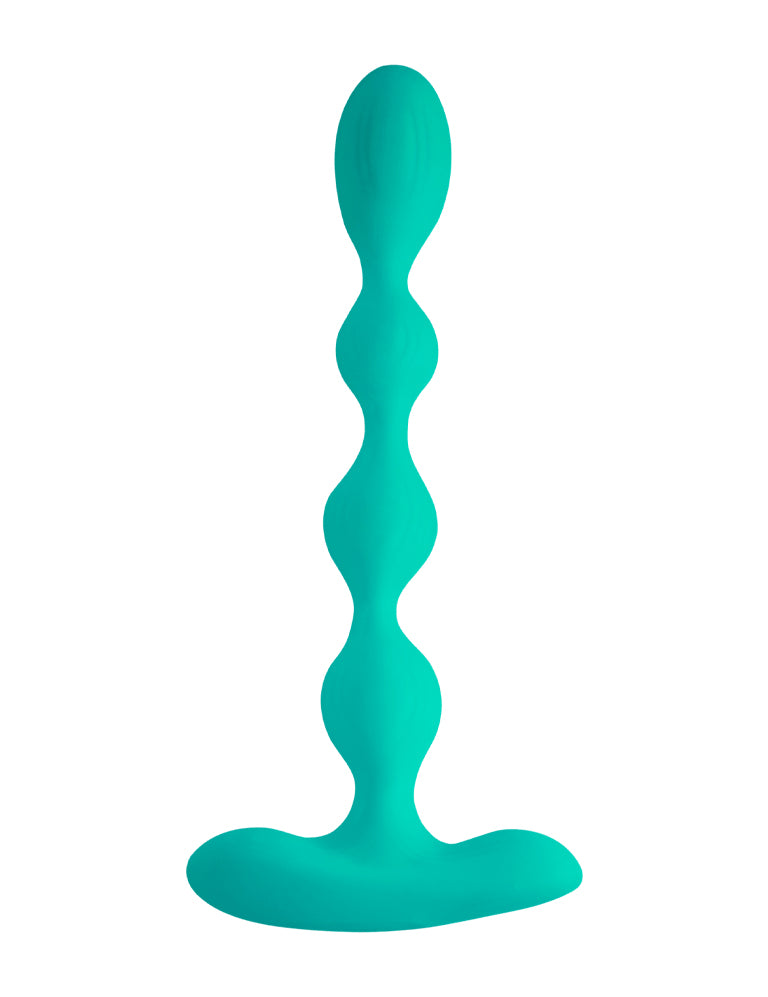 Teal silicone anal plug with ridged, curved shaft