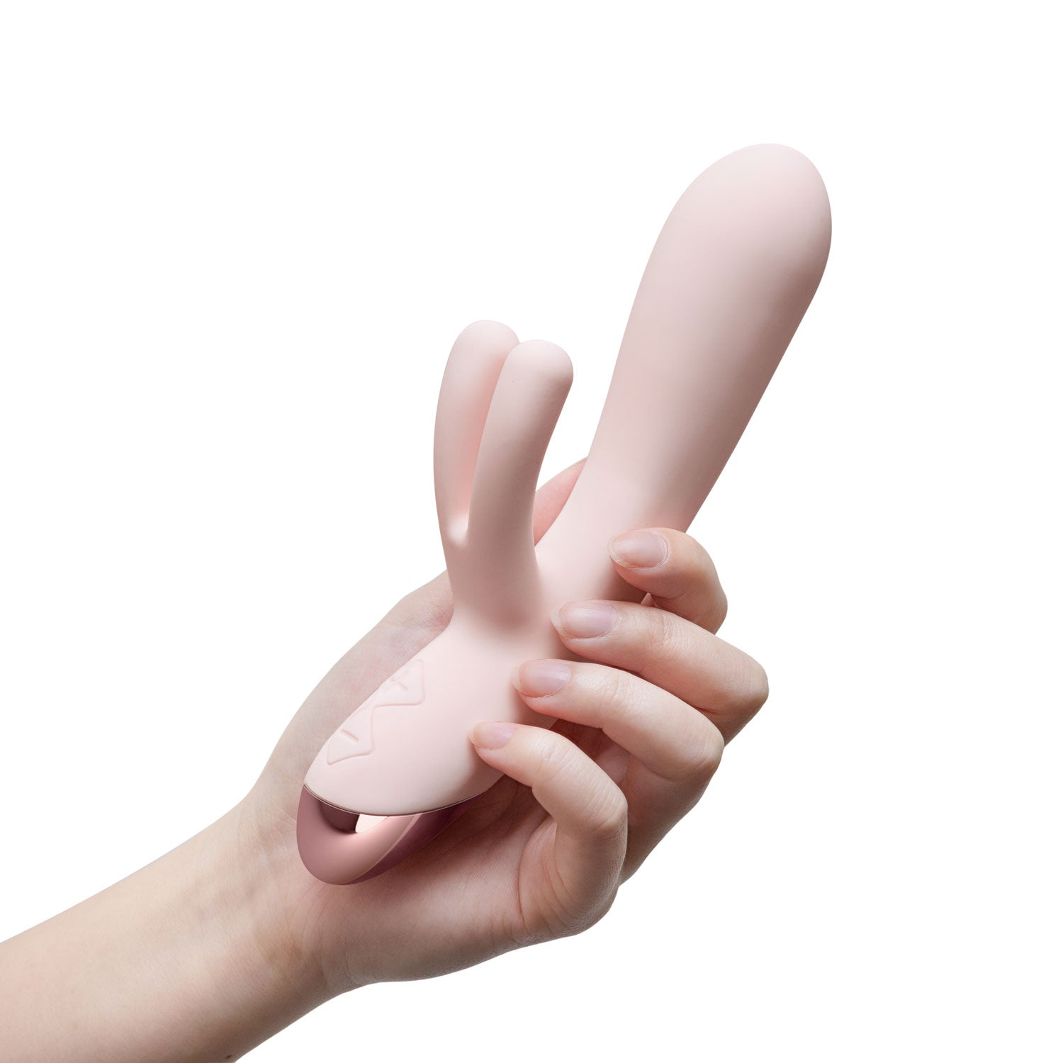 Elora vibrating massager in light pink, close-up held in hand with curved tip