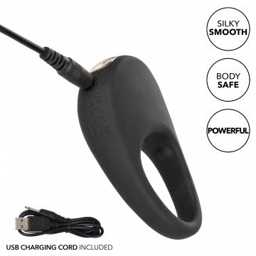 Black silicone rechargeable pleasure ring with USB charging cord and smooth comfort fit