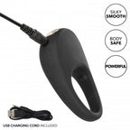 Black silicone rechargeable pleasure ring with USB charging cord and smooth comfort fit