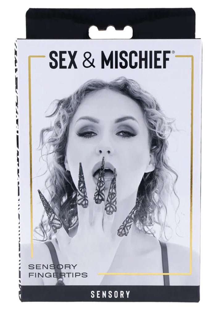 Sensory fingertips retail box featuring a model holding black chain fingertip guards