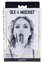 Sensory fingertips retail box featuring a model holding black chain fingertip guards