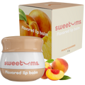 Peach flavored lip balm jar with beige lid and Sweetums logo
