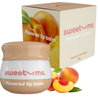 Peach flavored lip balm jar with beige lid and Sweetums logo