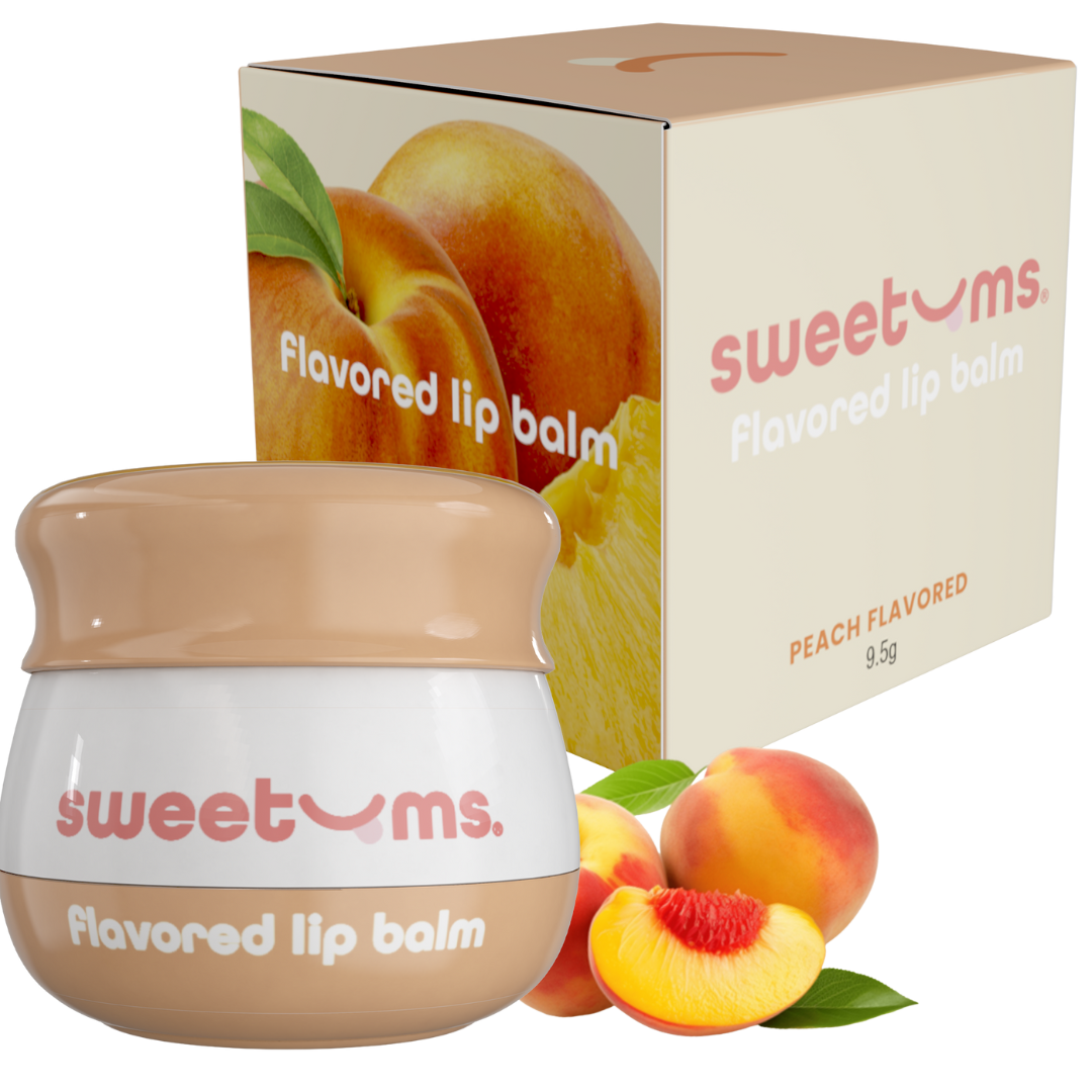 Peach flavored lip balm jar with beige lid and Sweetums logo