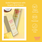 Solid fragrance stick and outer package shown in pale yellow with white cap