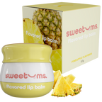 Pineapple-flavored lip balm jar, yellow balm, with Sweetums box and pineapple pieces