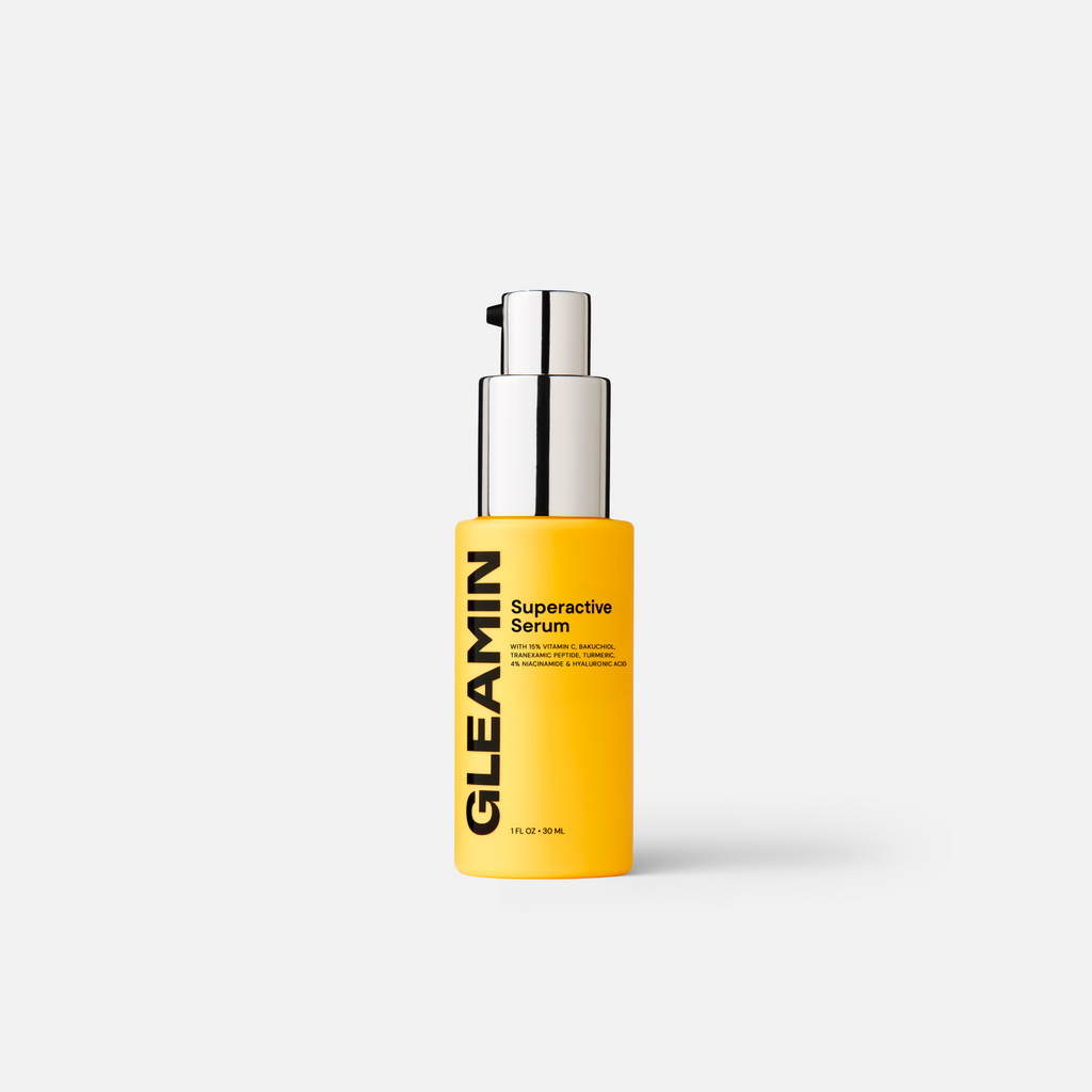 Superactive Serum yellow bottle with silver pump, labeled GLEAMIN