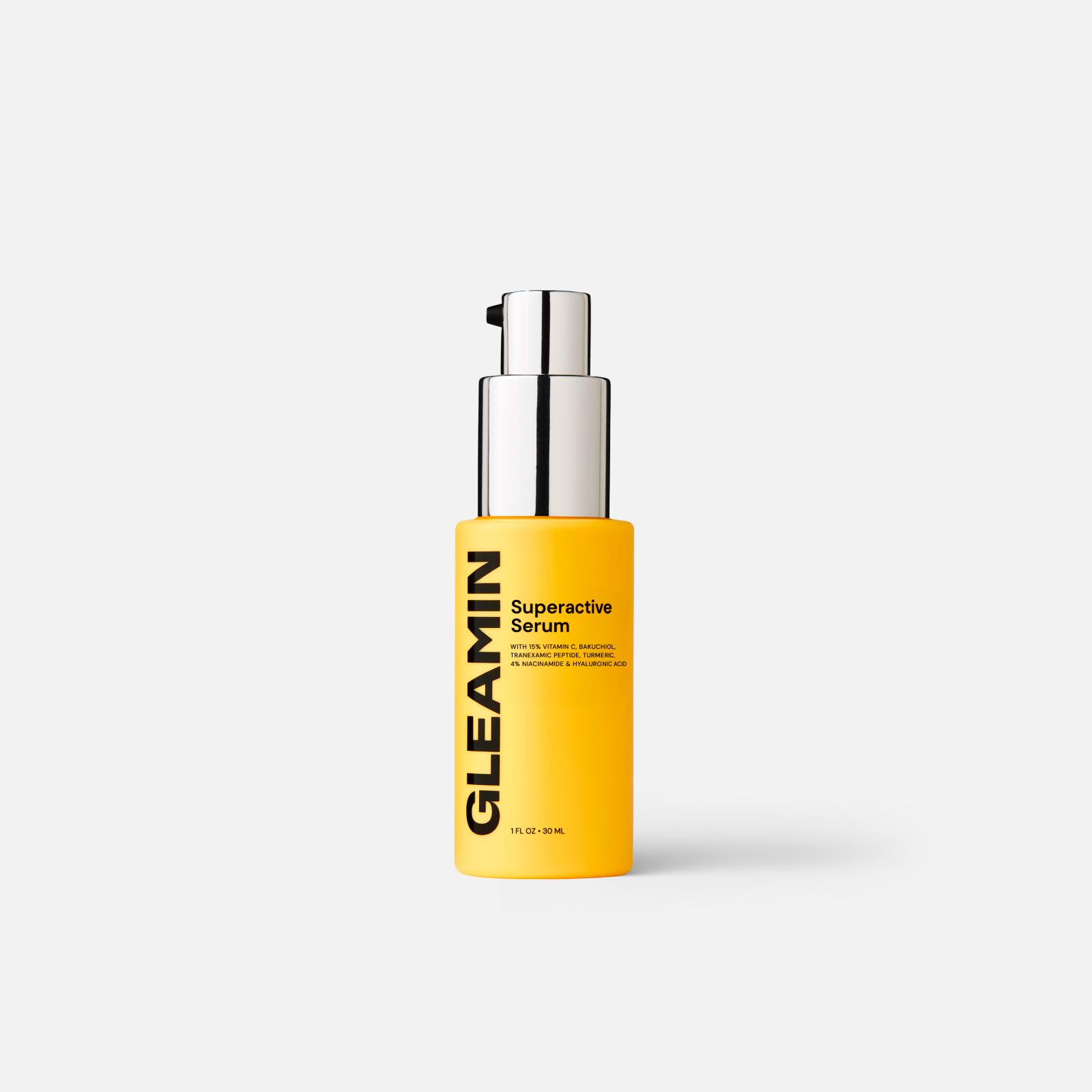 Superactive Serum yellow bottle with silver pump, labeled GLEAMIN