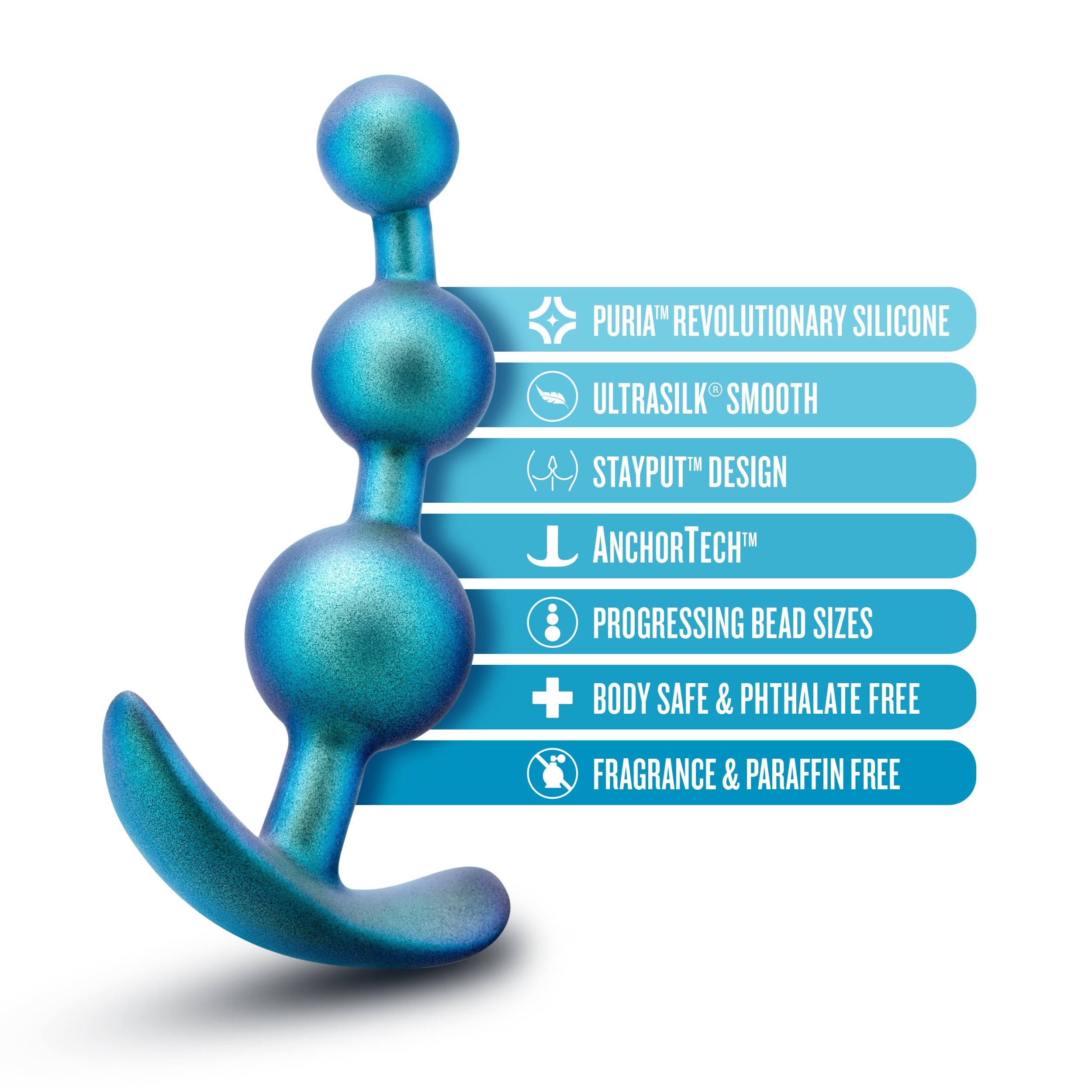 Teal metallic silicone anal plug with three rounded beads and curved tail