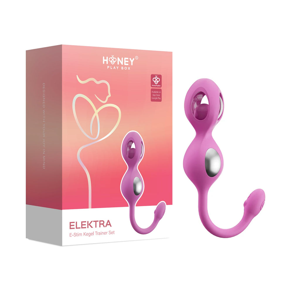 Elektra kegel trainer kit box with pink silicone dual-end device and oval inserts