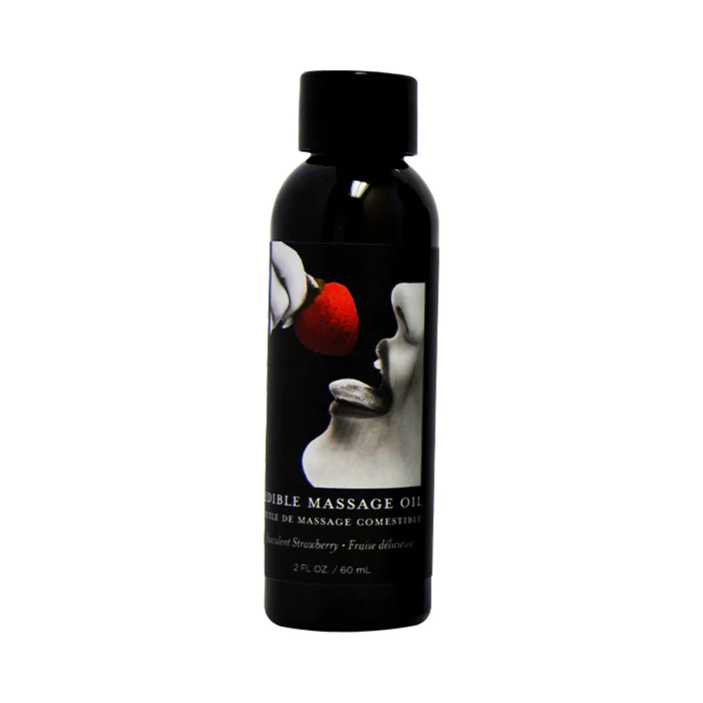 Edible massage oil bottle with black cap and strawberry-themed label