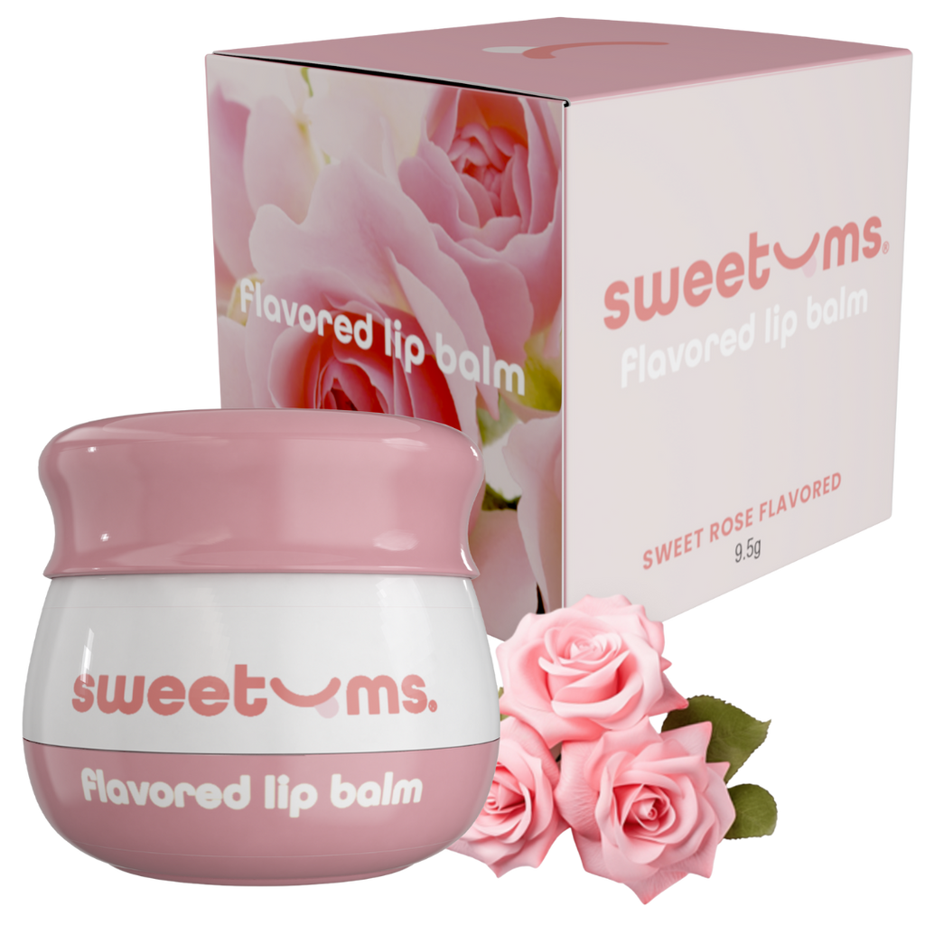 Sweetums sweet rose flavored lip balm jar with pink cap and matching box