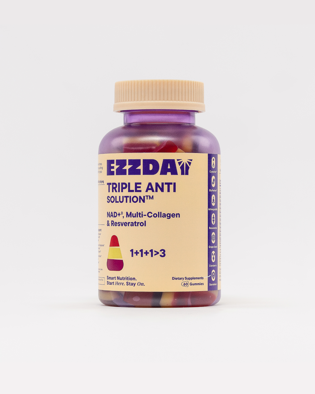Anti-aging gummy supplement bottle with beige cap