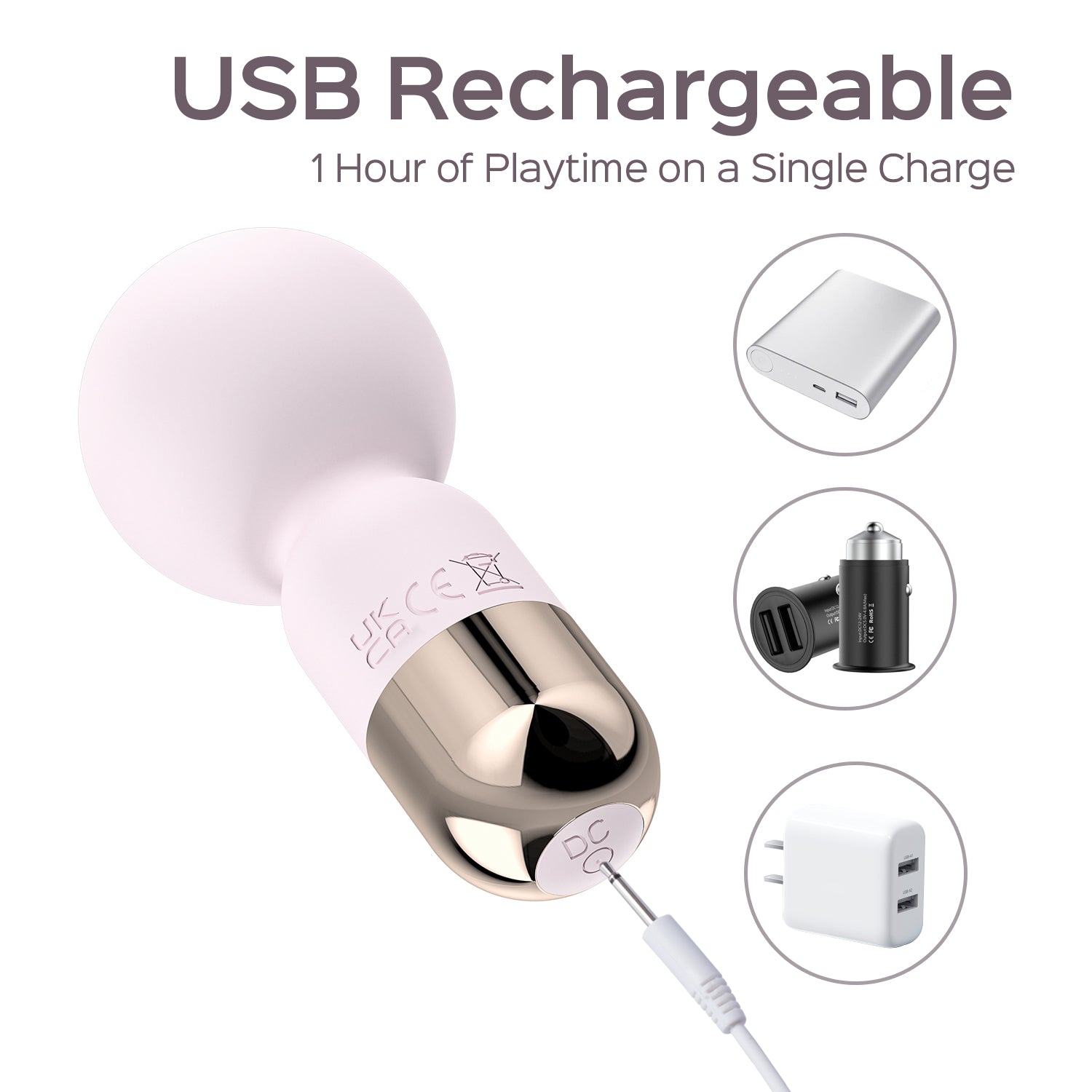 Rechargeable mini wand massager with pink head and gold base, plus white charging cable