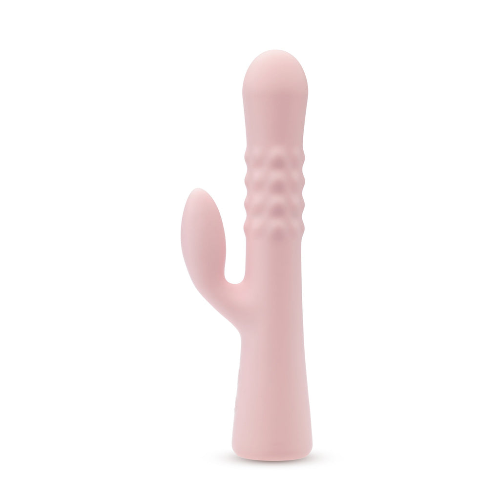 Pink curved silicone vibrator with textured midsection and open oval head