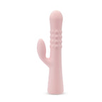 Pink curved silicone vibrator with textured midsection and open oval head