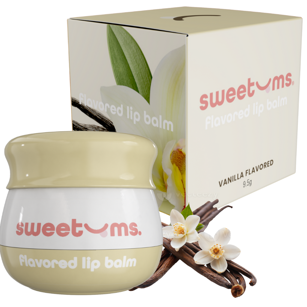 Sweetums vanilla flavored lip balm jar with box, pale beige balm