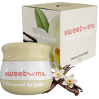 Sweetums vanilla flavored lip balm jar with box, pale beige balm