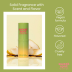 Green roll-on fragrance stick with transparent base and rounded cap