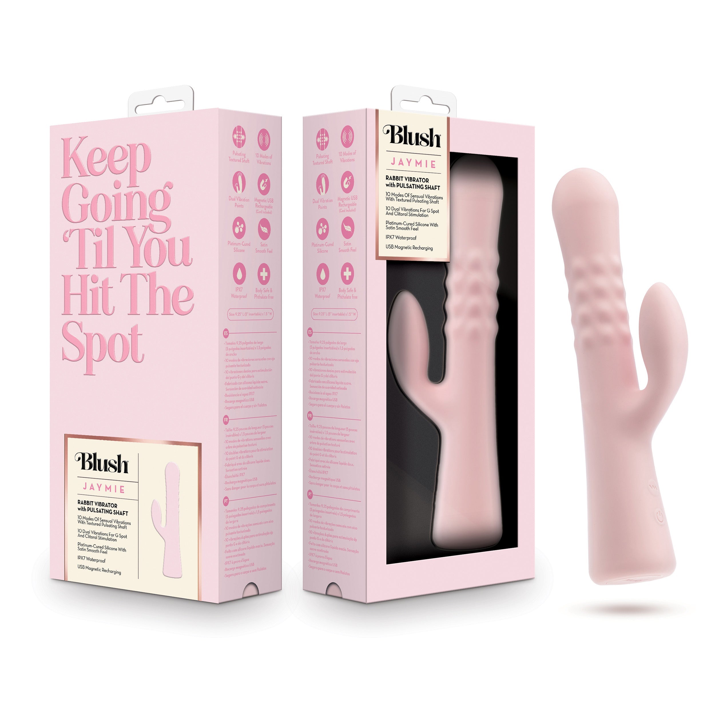 Pink boxed Jaymie blush vibrator set with silicone toy shown in packaging
