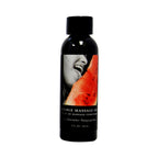 Edible massage oil bottle with black cap and watermelon-themed label