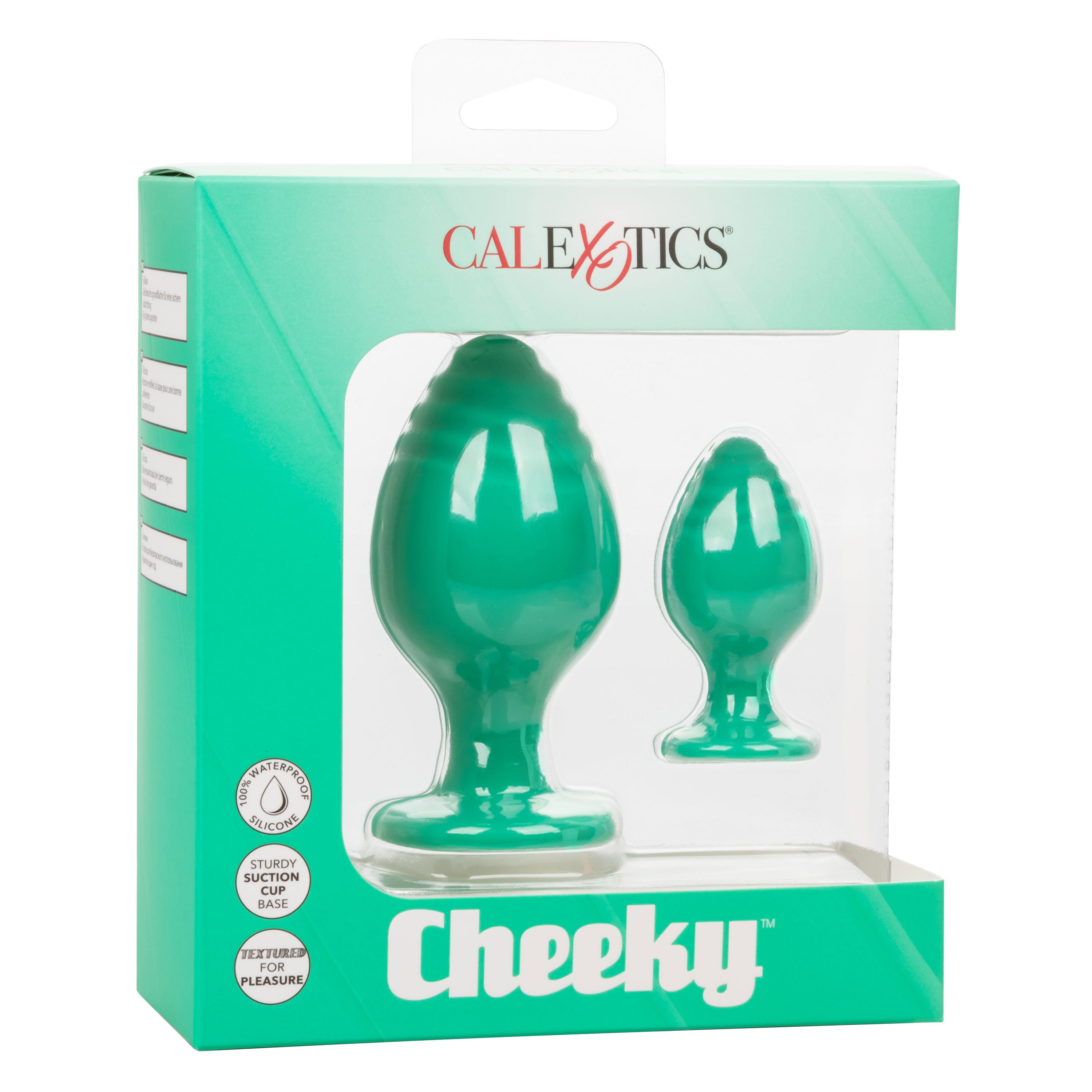 Green silicone anal plug set shown on retail box packaging