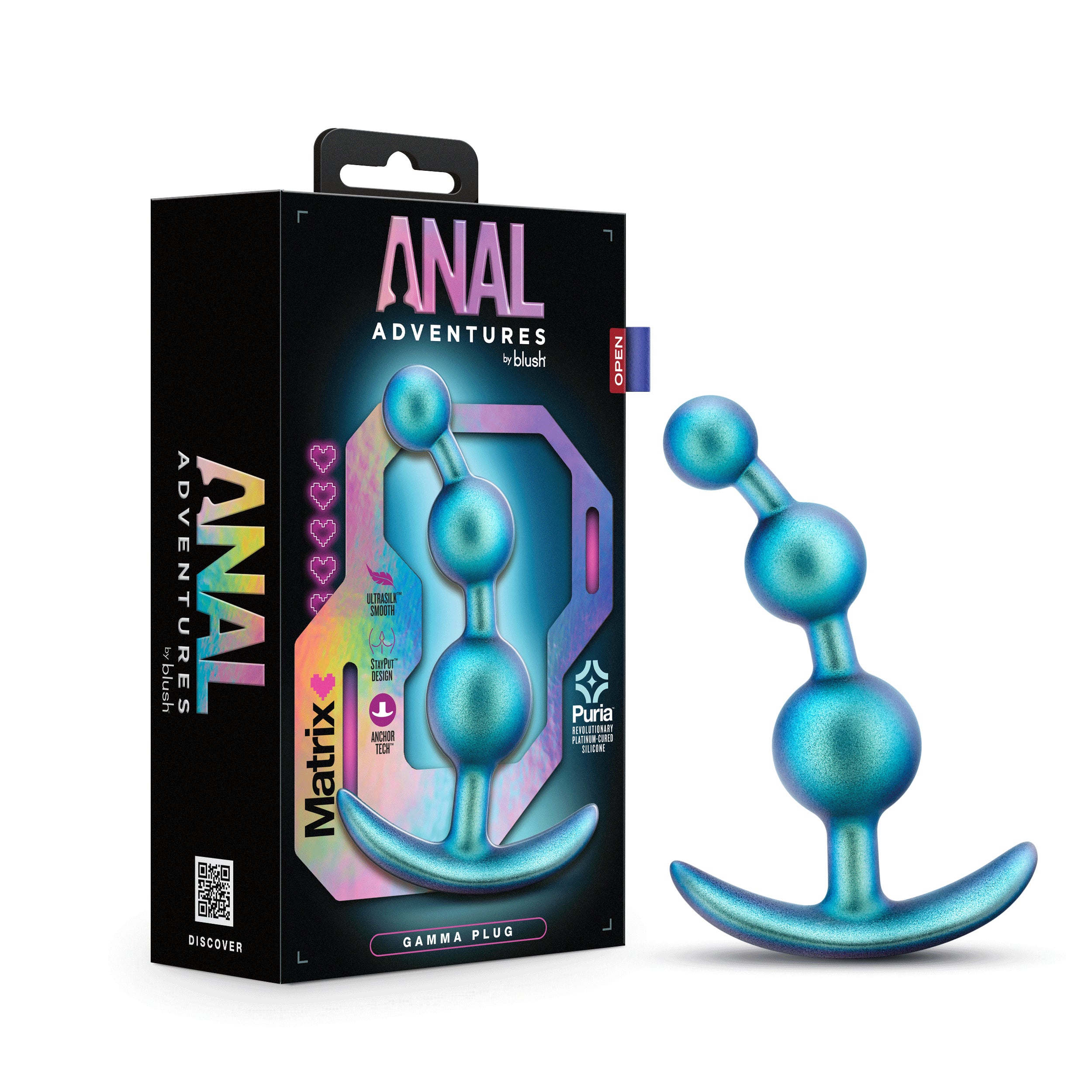 Teal metallic silicone anal plug with three beads and curved tail, shown with retail box