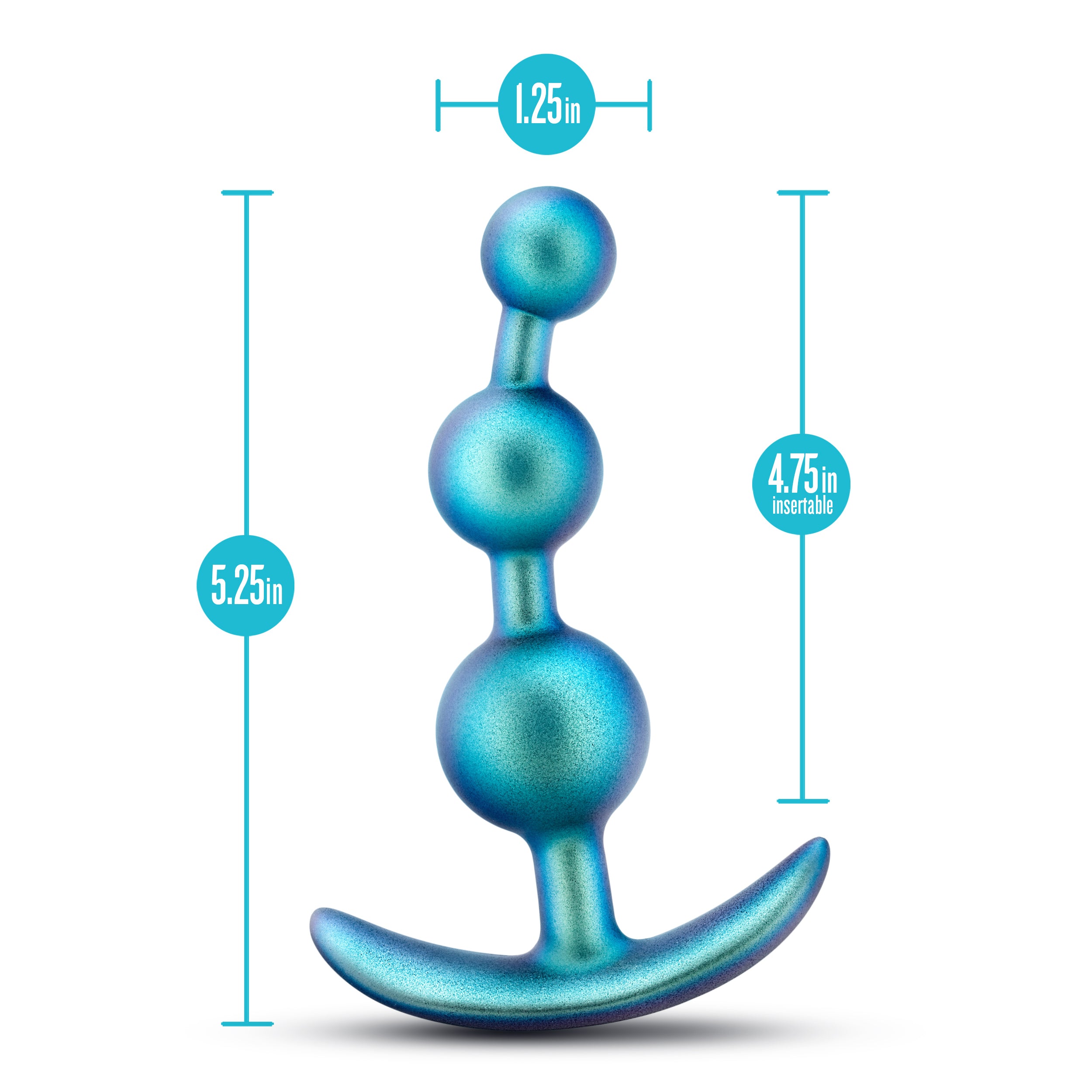 Teal metallic silicone anal plug with curved tail; 5.25 in and 4.75 in measurements